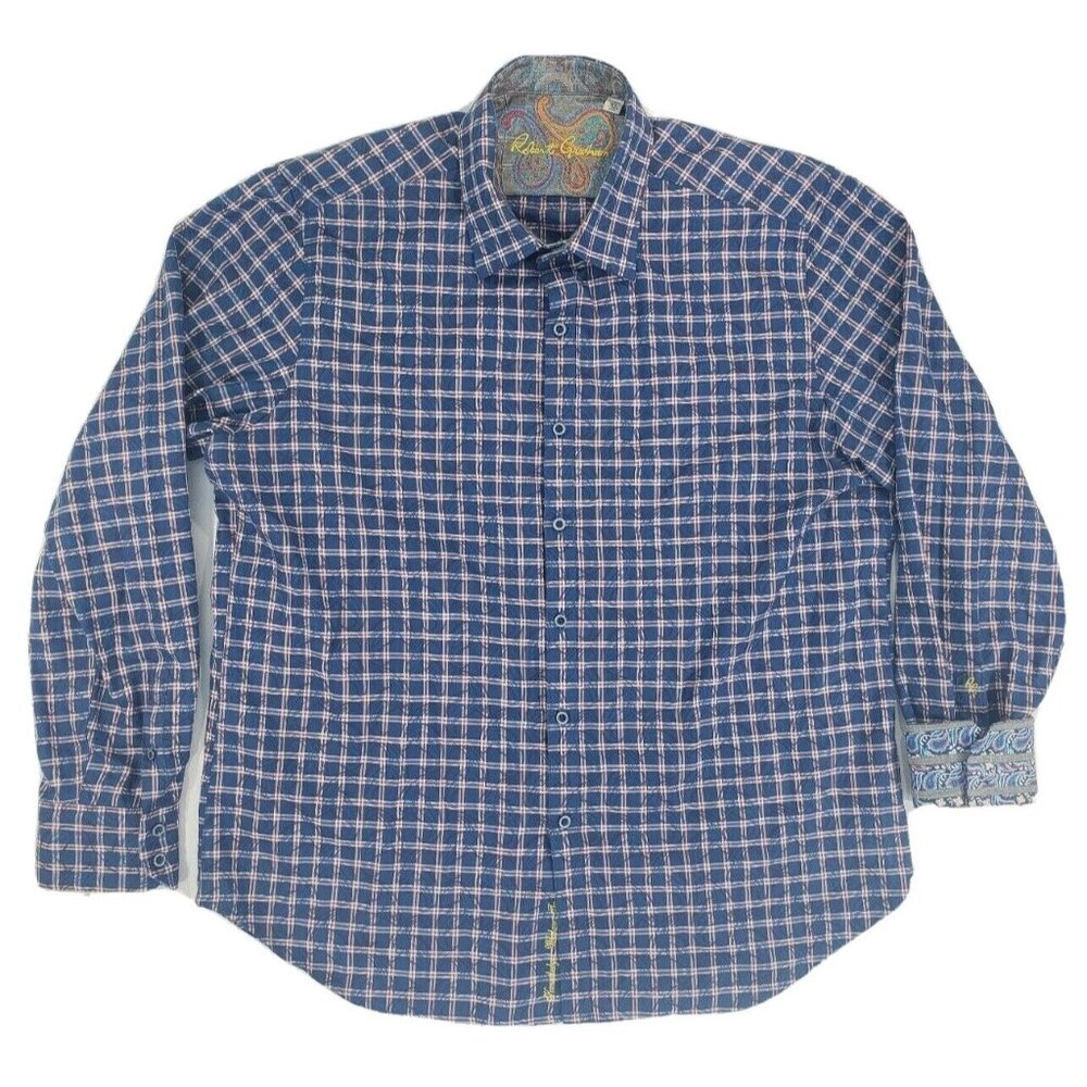 Robert Graham Mens Collared Dress Shirt XL Blue/Red Plaid Paisley Long Sleeve